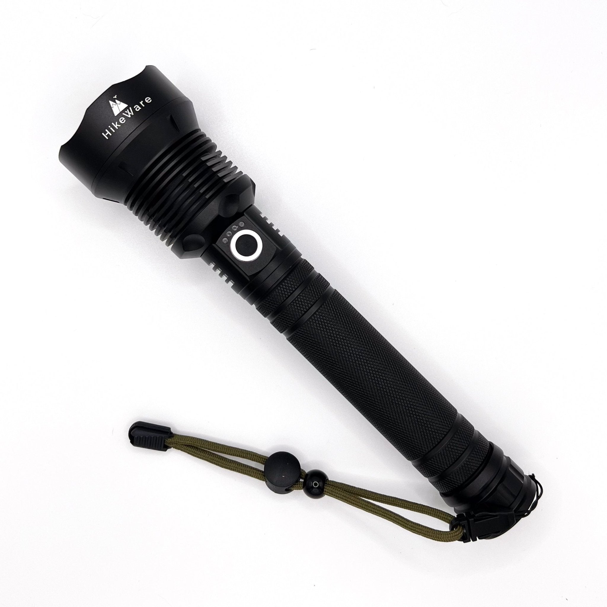 HikeWare waterproof LED flashlight with 10,000 lumens, zoomable focus, USB rechargeable, ideal for outdoor activities and emergencies.