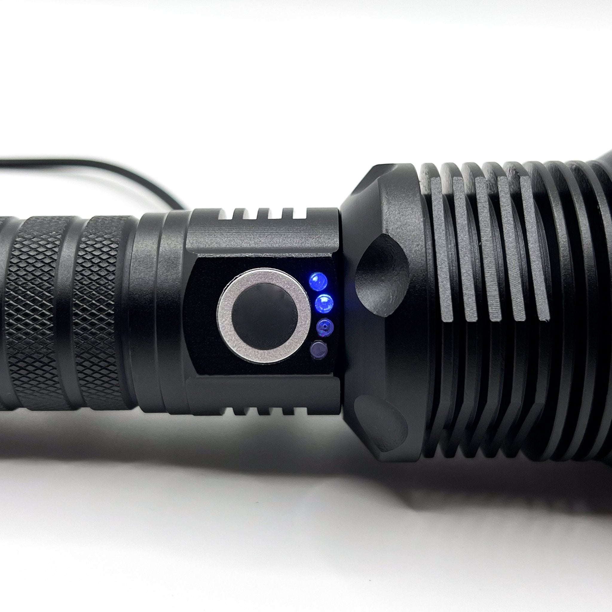 HikeWare LED flashlight with 10,000 lumens, waterproof design, zoomable beam, USB rechargeable, suitable for outdoor activities.