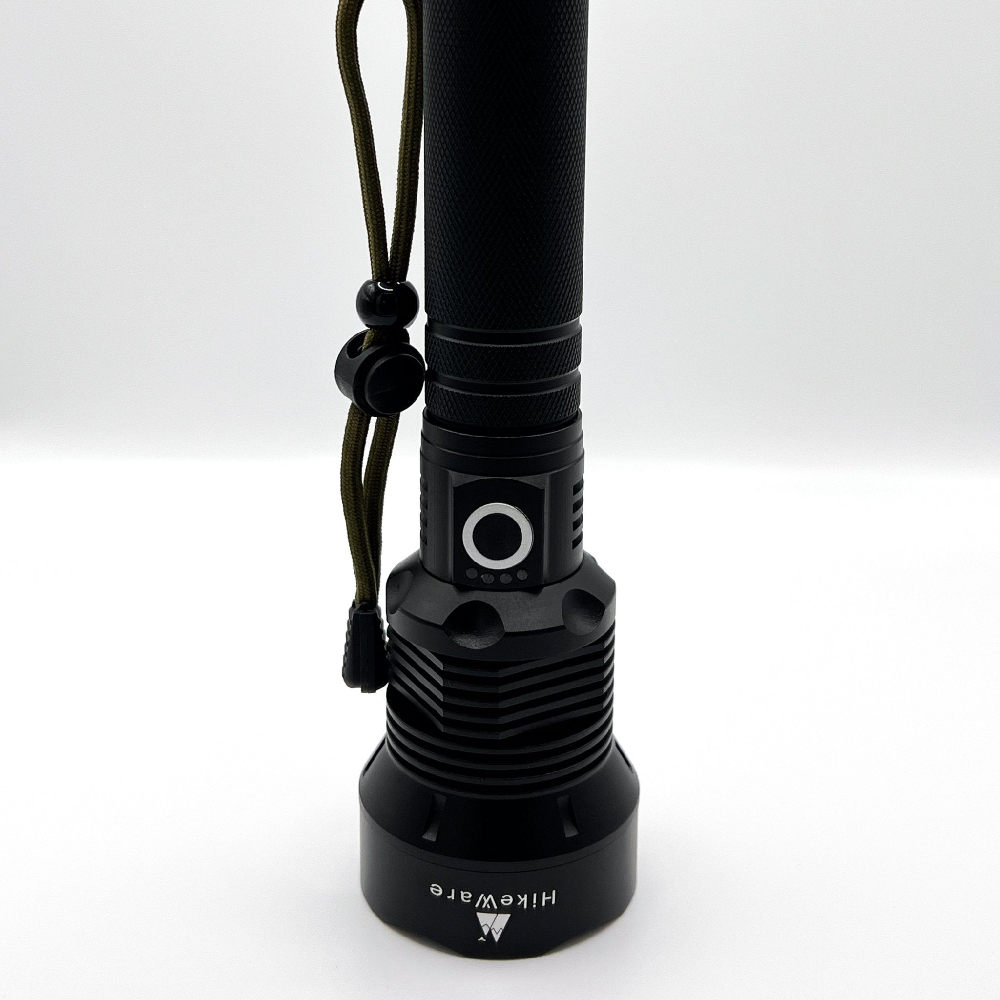 HikeWare waterproof LED flashlight with 10,000 lumens, zoomable focus, USB rechargeable, suitable for outdoor hiking and camping.