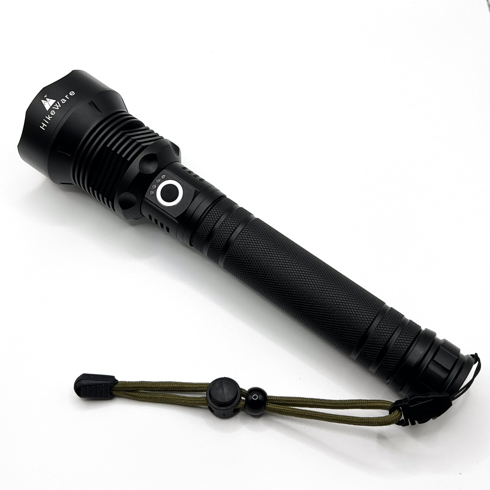 HikeWare LED flashlight with 10,000 lumens, waterproof design, zoomable beam, and USB rechargeable for outdoor use.