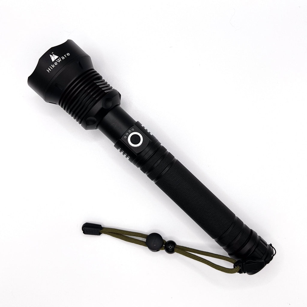 HikeWare LED flashlight with 10,000 lumens, waterproof, zoomable design, USB rechargeable, handheld outdoor flashlight.