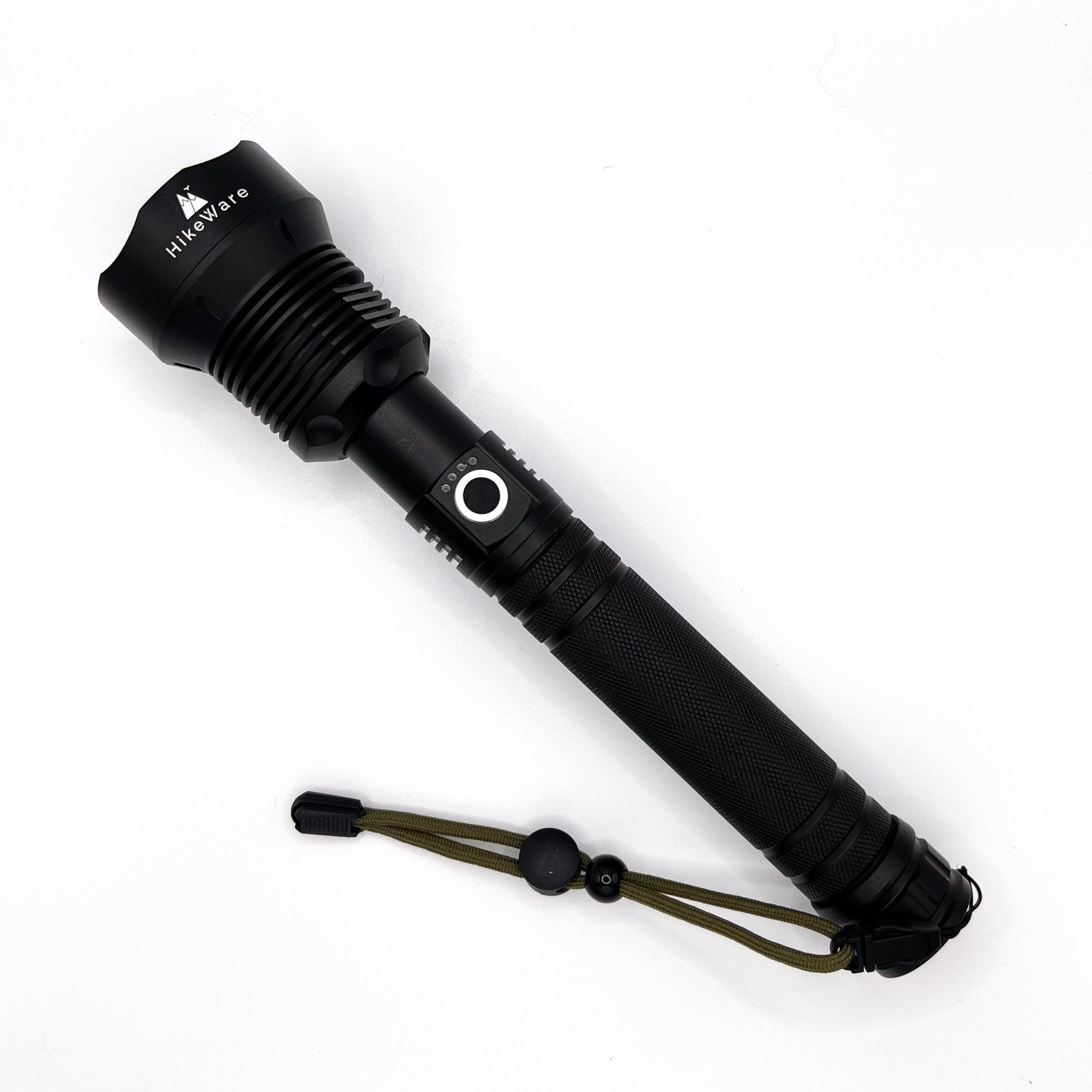 HikeWare LED flashlight with 10,000 lumens, waterproof, zoomable design, USB rechargeable, handheld outdoor flashlight.