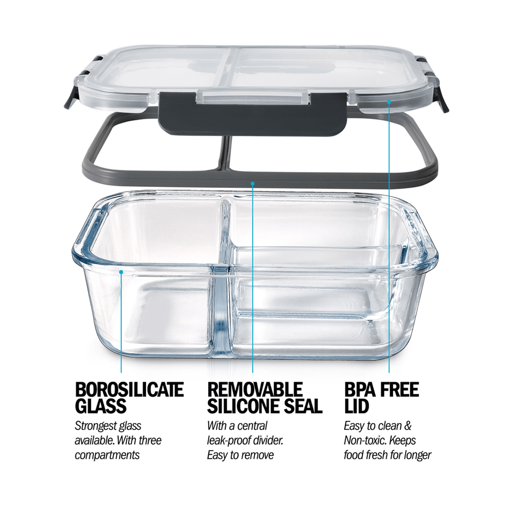 Set of three Igluu Meal Prep glass containers with airtight lids, 980ml capacity, ideal for meal organization and storage.