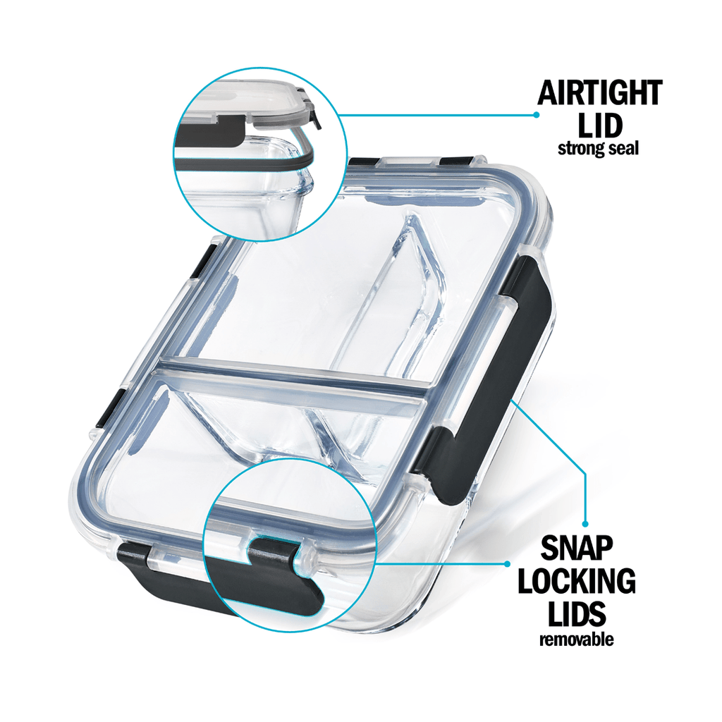 Set of three Igluu Meal Prep glass containers with airtight lids, 980ml capacity, perfect for storing and organizing meals.
