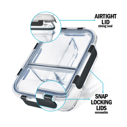 Set of three Igluu Meal Prep glass containers with airtight lids, 980ml capacity, perfect for storing and organizing meals.