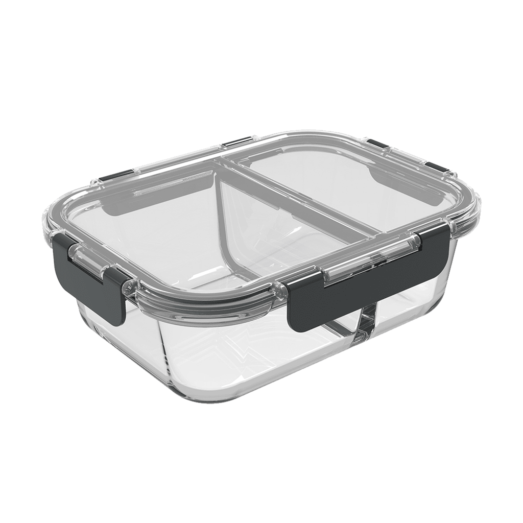 Set of three 980ml Igluu Meal Prep glass containers with two compartments and airtight lids, ideal for food storage and meal prep.