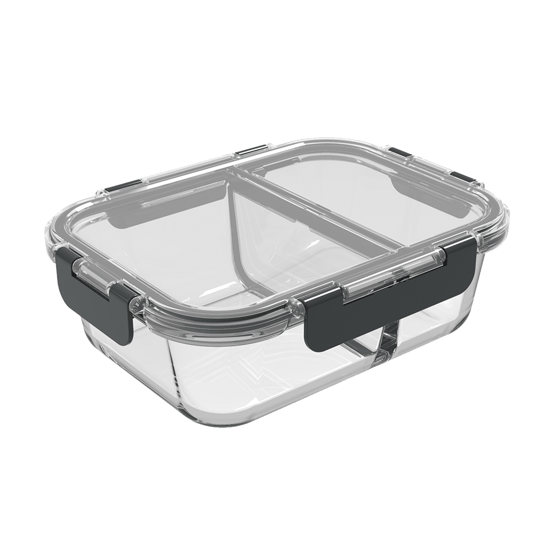 Set of three 980ml Igluu Meal Prep glass containers with two compartments and airtight lids, ideal for food storage and meal prep.