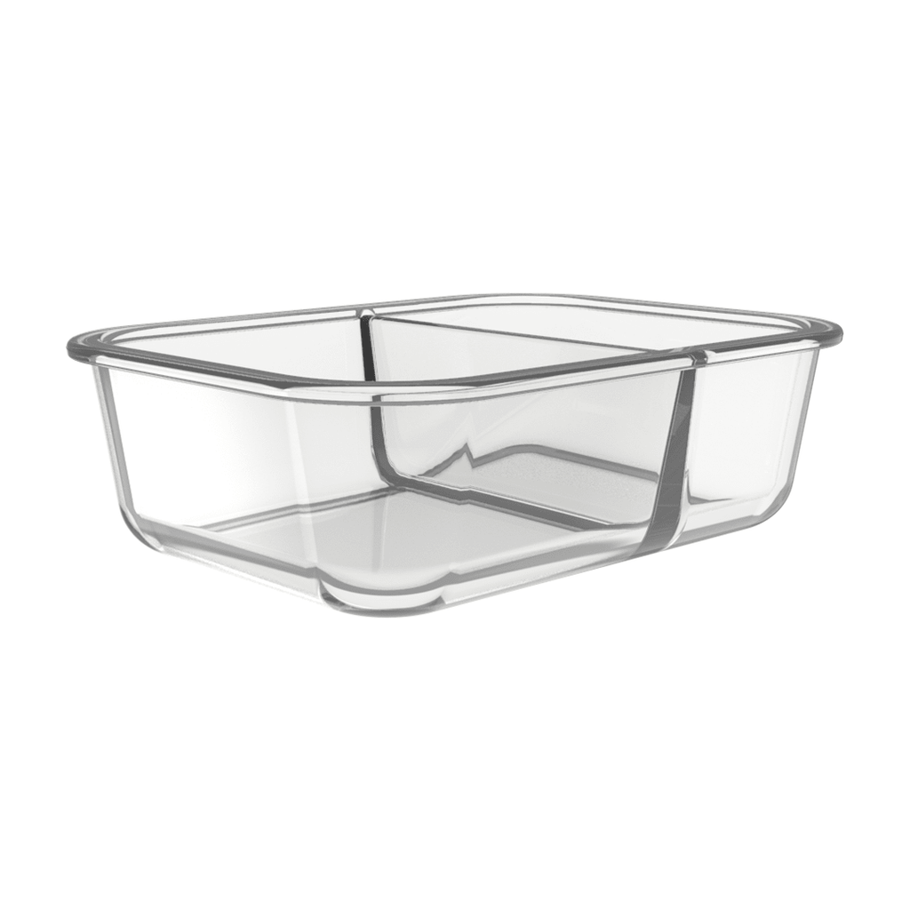 Three Igluu Meal Prep glass containers with two compartments and airtight lids, each holding 980ml for meal storage.