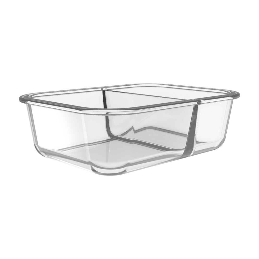 Three Igluu Meal Prep glass containers with two compartments and airtight lids, each holding 980ml for meal storage.