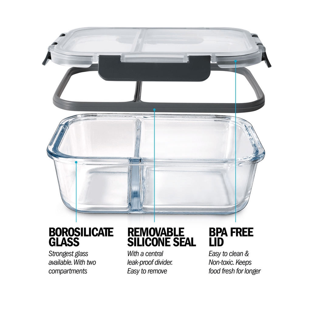 Three Igluu Meal Prep 2-compartment glass containers with airtight lids, 980ml capacity each, for meal storage and organization.