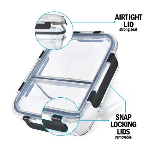 Set of three Igluu Meal Prep 2-compartment glass containers with airtight lids, 980ml capacity for meal storage.