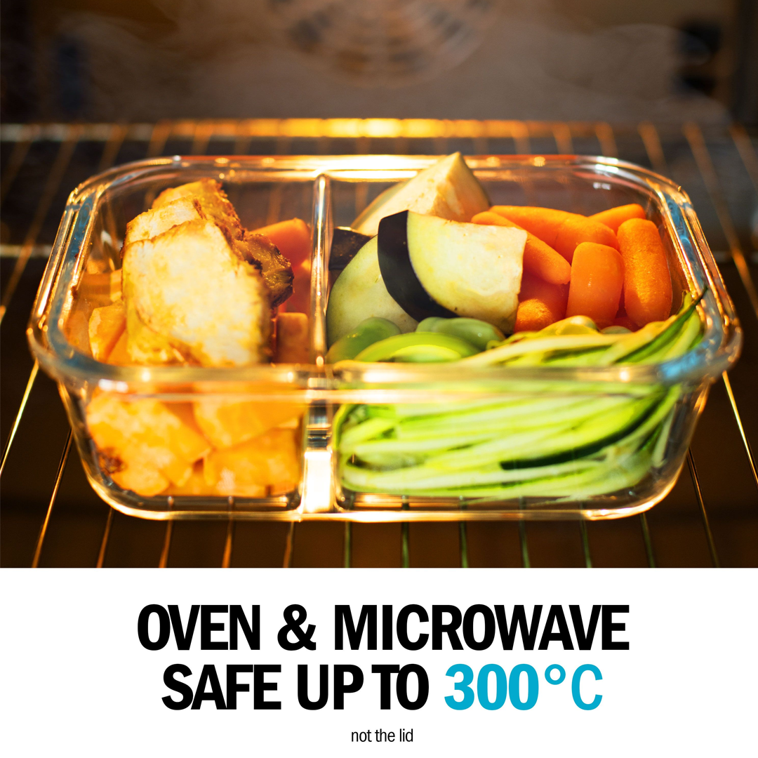 Set of three Igluu Meal Prep glass containers with two compartments and airtight lids, 980ml capacity each for meal storage.