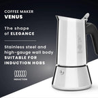 Bialetti Venus induction coffee maker by Brew Italia, stainless steel stovetop espresso pot with polished finish and ergonomic handle.