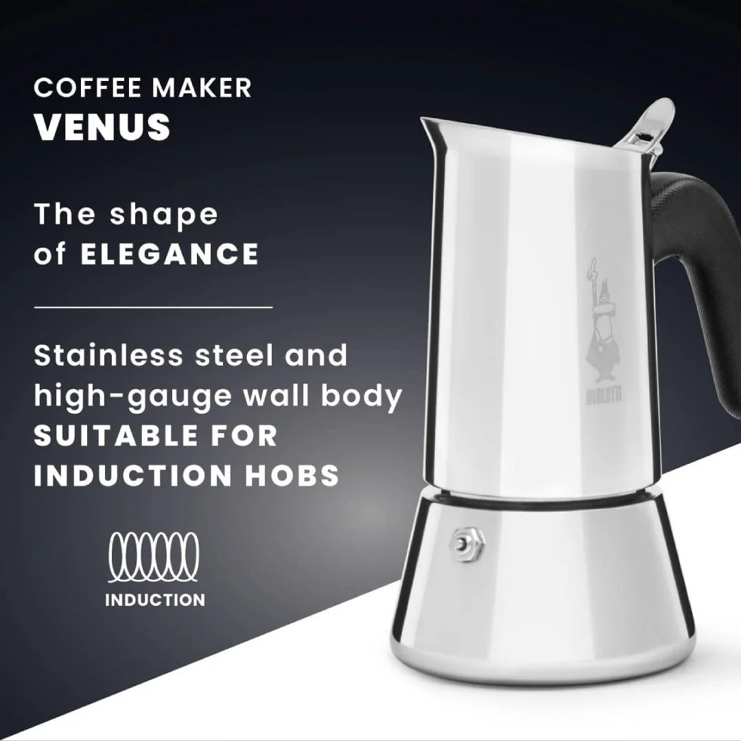 Bialetti Venus induction coffee maker by Brew Italia, stainless steel stovetop espresso pot with polished finish and ergonomic handle.