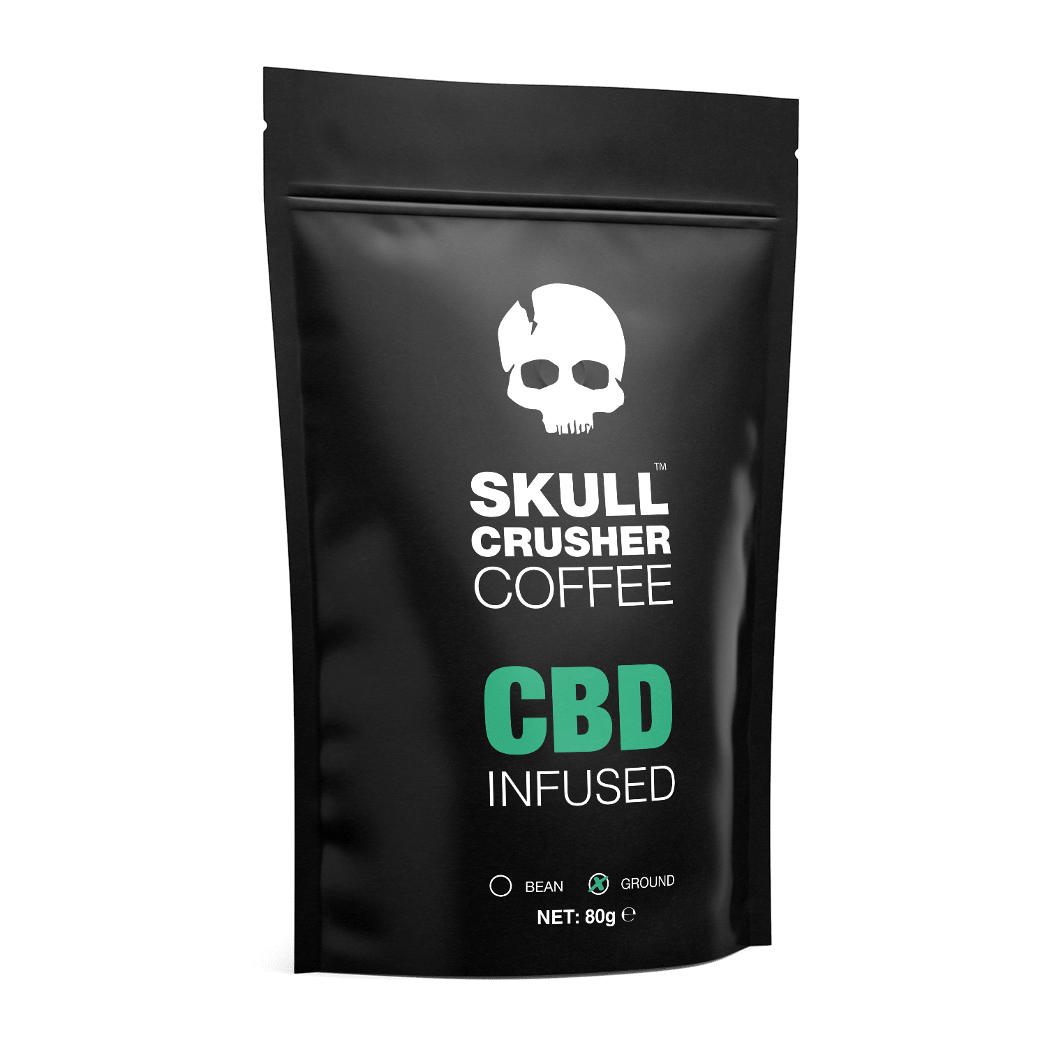 Infused Skull Crusher Coffee 80g trial bag with dark roast beans and vibrant packaging, highlighting bold flavor and unique infusion.