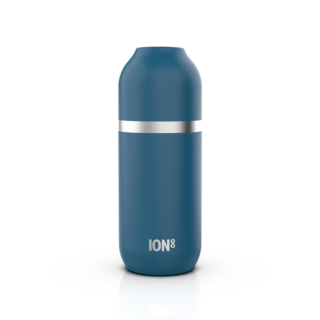 Ion8 Luma vacuum insulated flask and mug in deep teal, 700ml (24oz), durable stainless steel with leak-proof design.