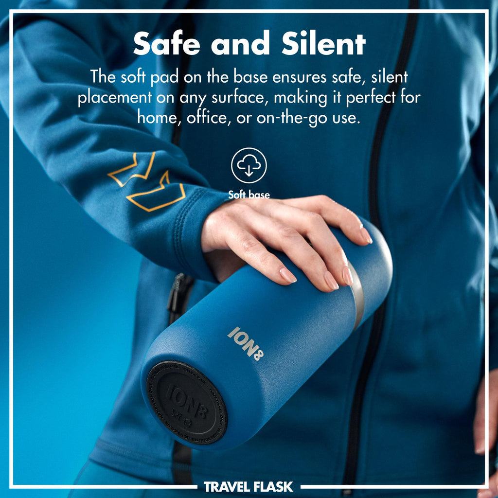 Deep teal ION8 Luma vacuum insulated flask and mug, 700ml (24oz), with sleek design and spill-proof lid.