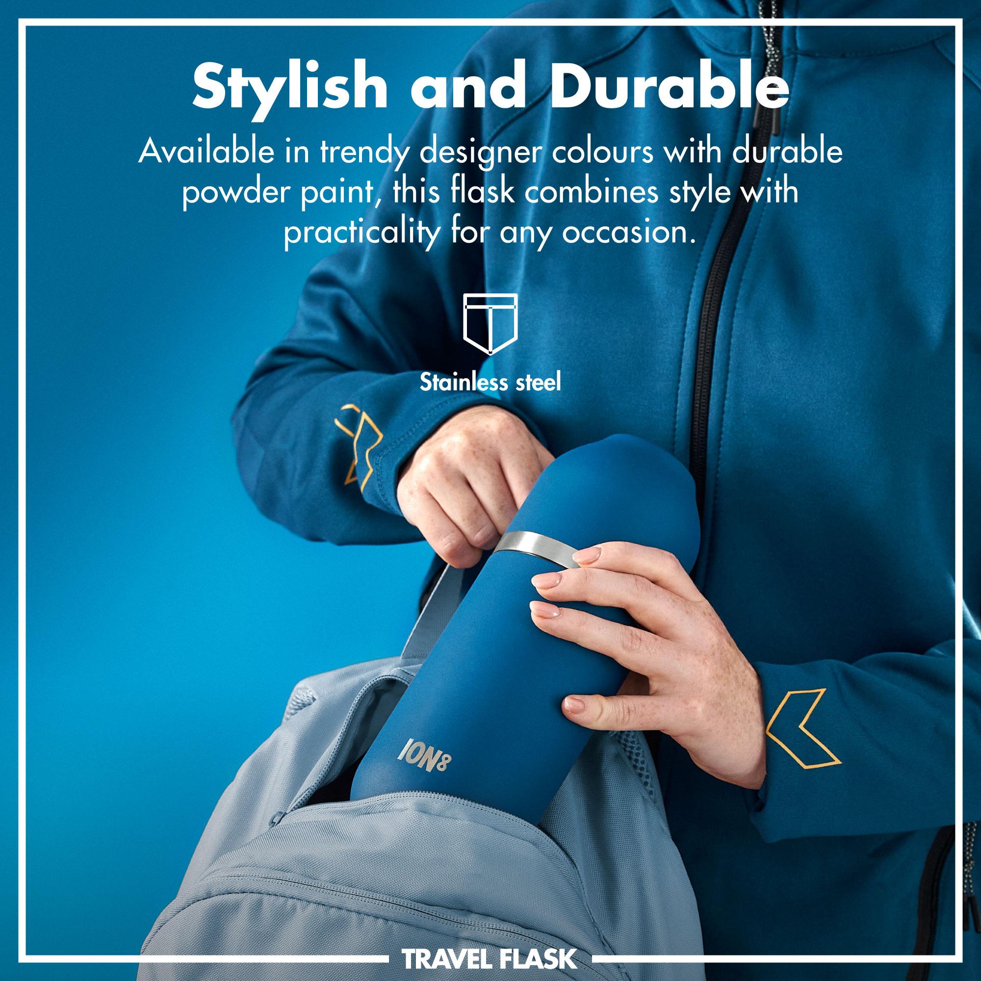 Ion8 Luma vacuum-insulated flask and mug in deep teal, 700ml (24oz) with sleek design and durable stainless steel construction.