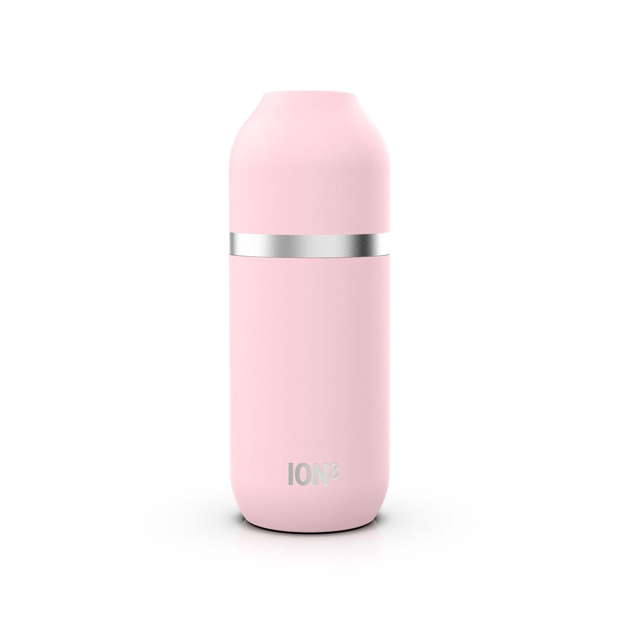 ION8 Luma vacuum insulated flask and mug in rose quartz, 700ml (24oz), with sleek stainless steel design and ergonomic handle.