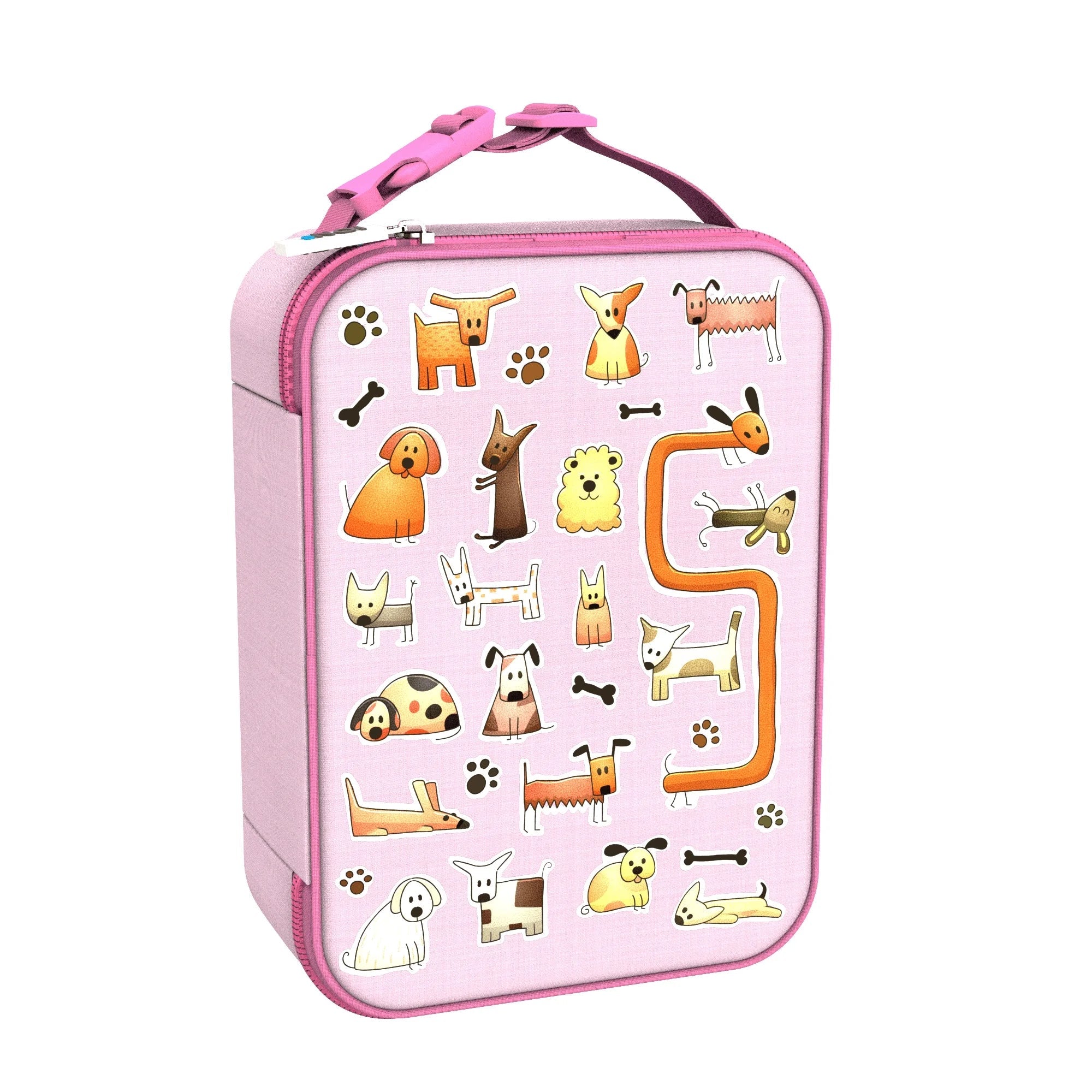 Kids insulated lunch bag featuring playful dog print by ION8, medium size, designed to keep food fresh and colorful.