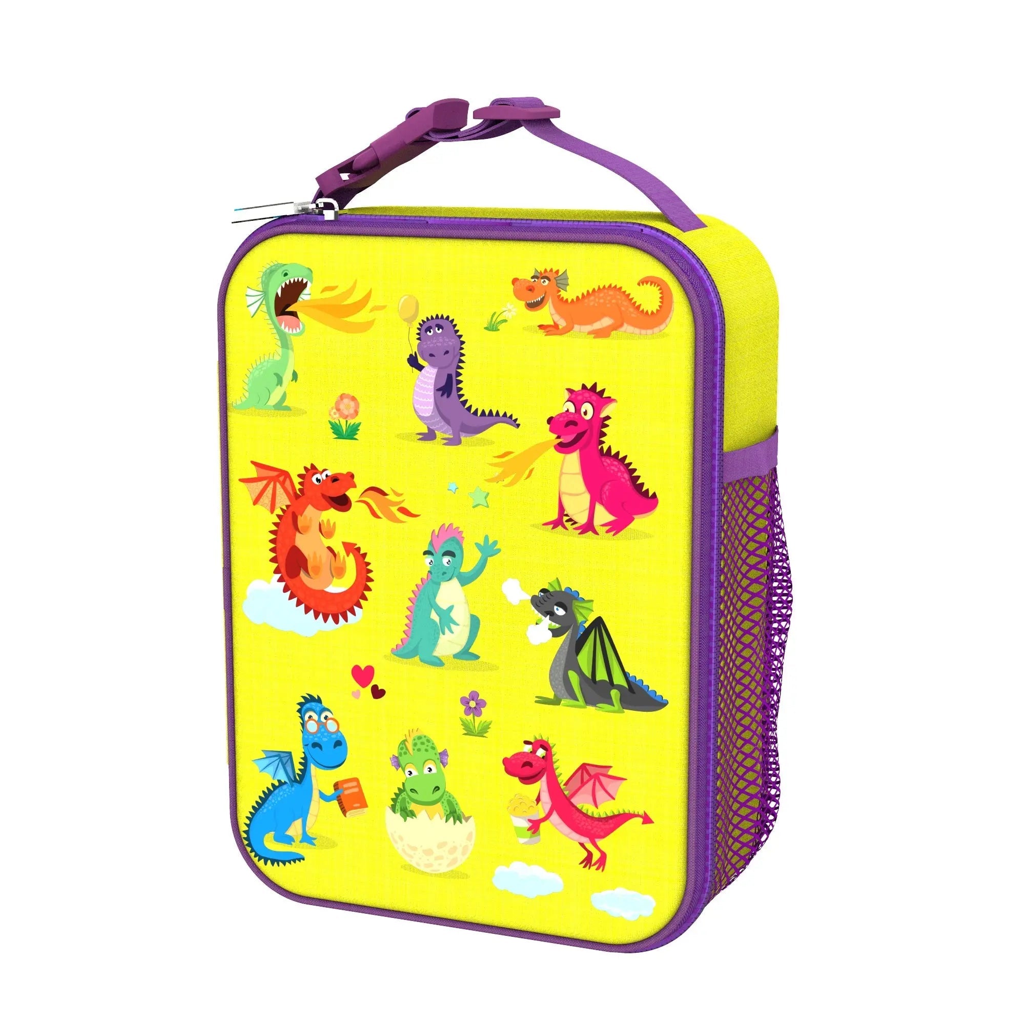Medium insulated kids lunch bag with a colorful dragon design by ION8, perfect for school lunches.