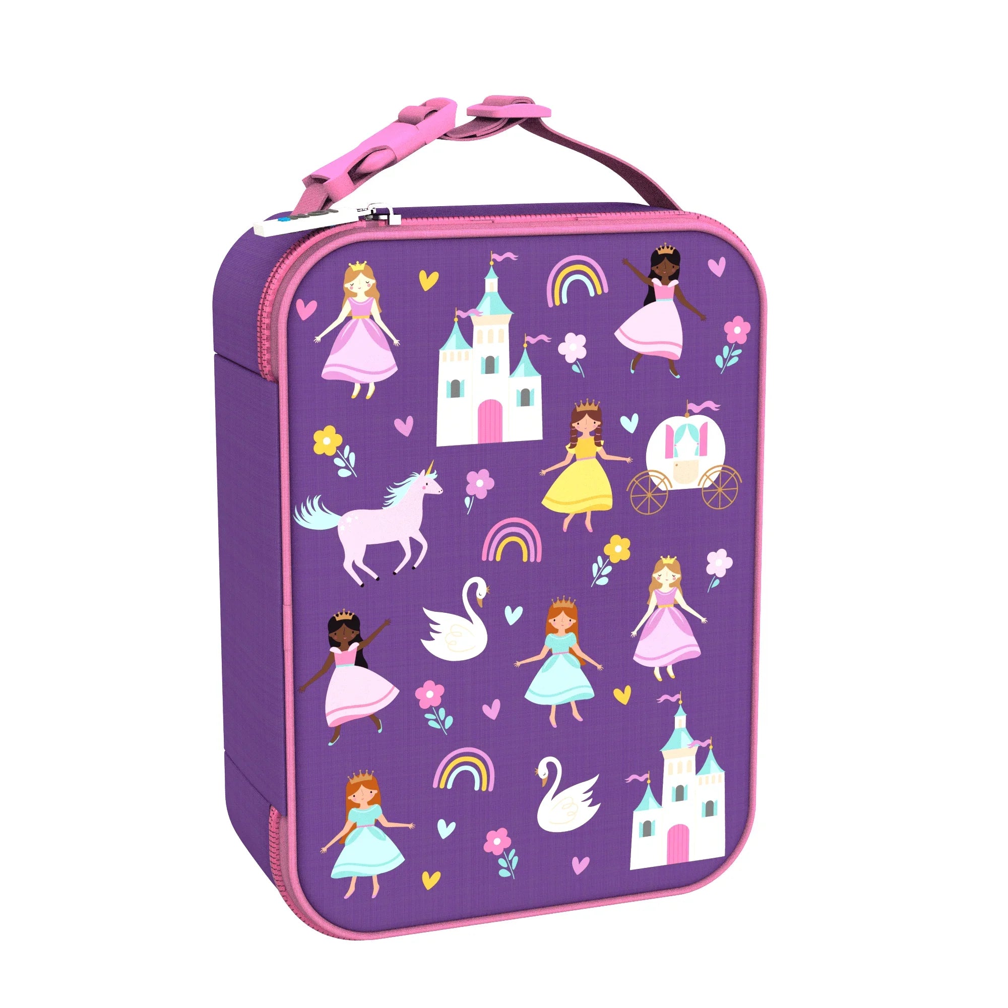 Kids insulated lunch bag featuring a princess design from ION8, medium size with colorful princess illustrations and a secure zipper.
