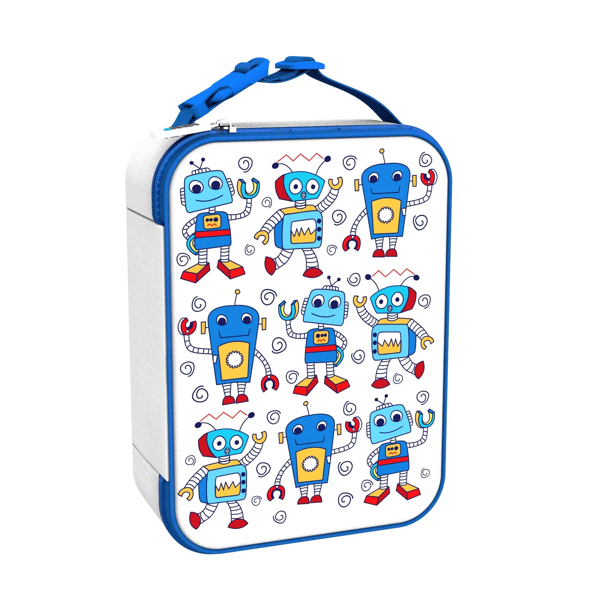 Kids insulated lunch bag with robot design, medium size from ION8, featuring a colorful, easy-to-carry lunch storage solution.
