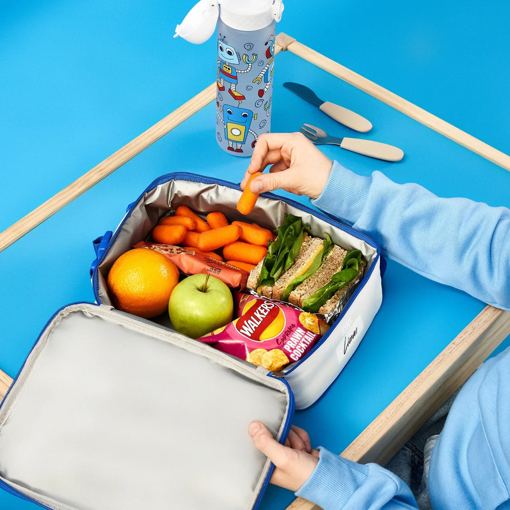 Kids insulated lunch bag by ION8 featuring colorful robot designs, perfect for keeping lunch fresh and fun.