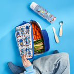 Kids' insulated lunch bag by ION8 featuring colorful robot designs, perfect for keeping lunch fresh and organized.