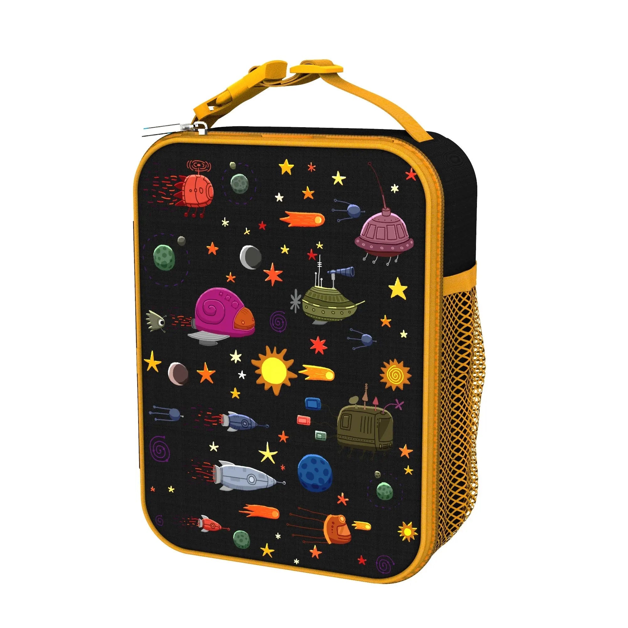 Medium insulated kids lunch bag with a spaceships design by ION8, featuring vibrant space-themed graphics for children.