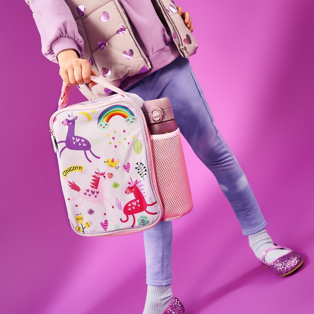 Kids insulated lunch bag by ION8 featuring colorful unicorn design, perfect for keeping meals fresh and cool.