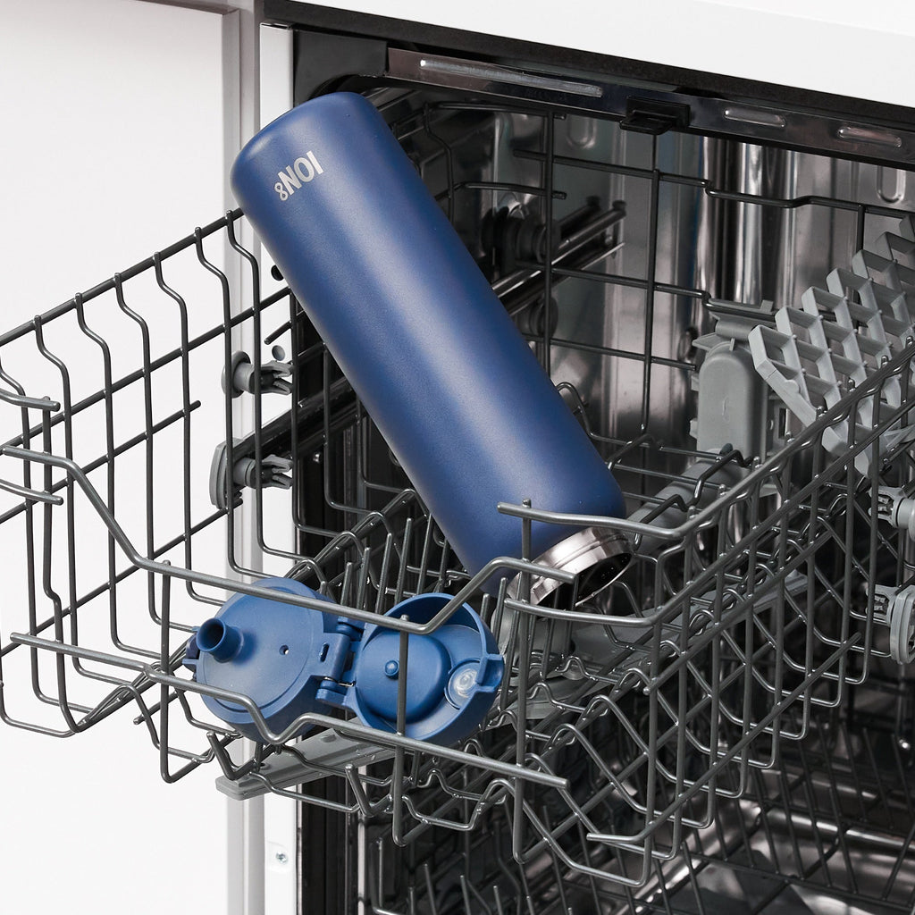 ION8 1L ash navy insulated water bottle with leak-proof design and thermal insulation, ideal for hot and cold beverages.