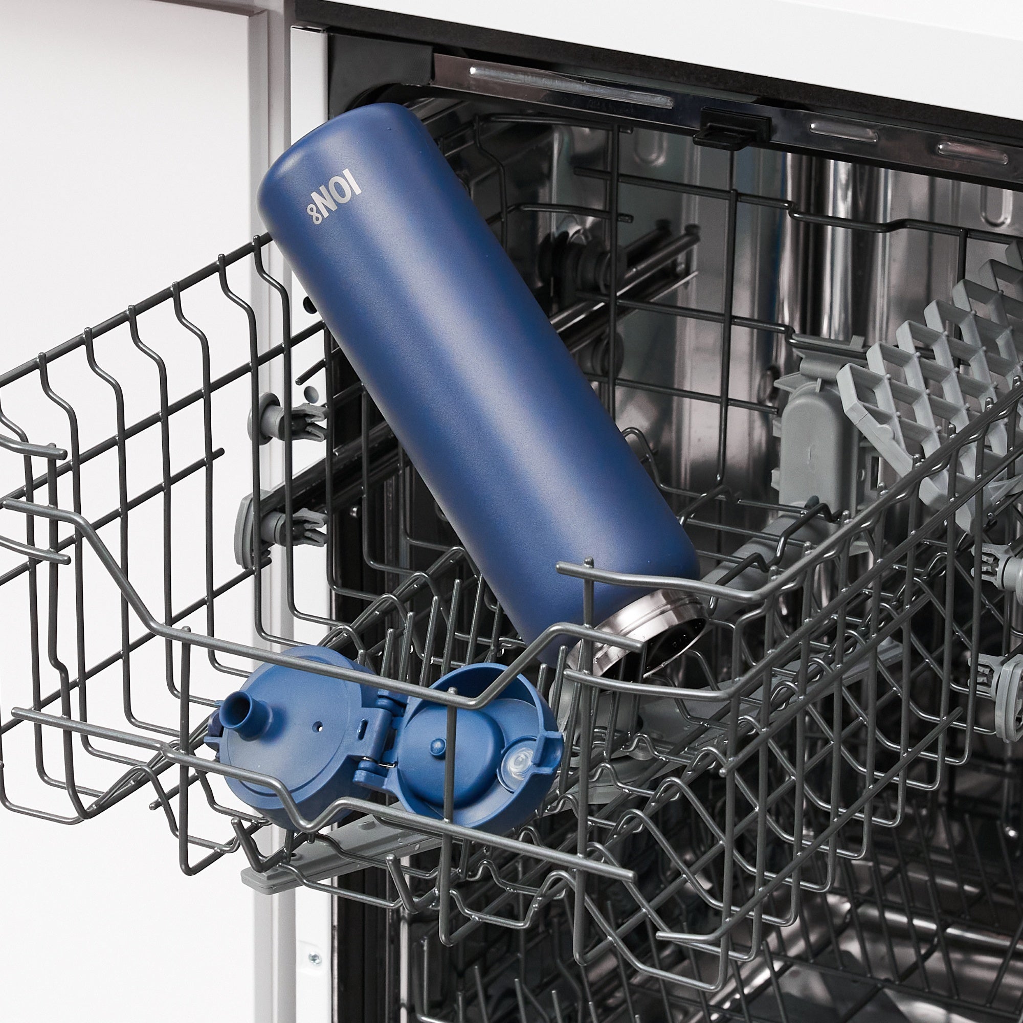 ION8 1L ash navy insulated water bottle with leak-proof design and thermal insulation, ideal for hot and cold beverages.