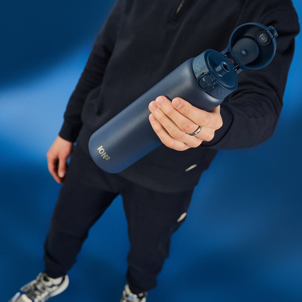 ION8 1L ash navy insulated leak-proof water bottle with thermal insulation, ideal for keeping drinks hot or cold.