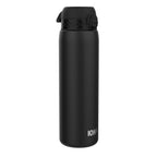 Black ION8 insulated steel water bottle, 1L capacity, leak-proof thermal bottle with sleek design for hot or cold drinks.