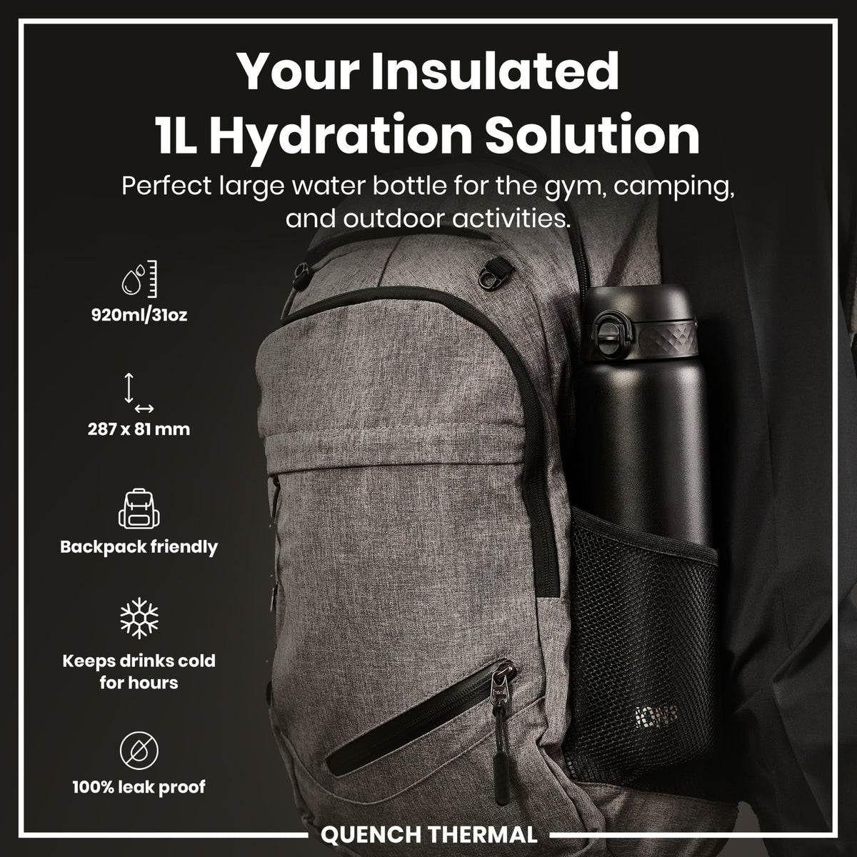 Black 1L insulated steel water bottle by ION8, leak-proof thermal bottle with a durable design for hot and cold drinks.