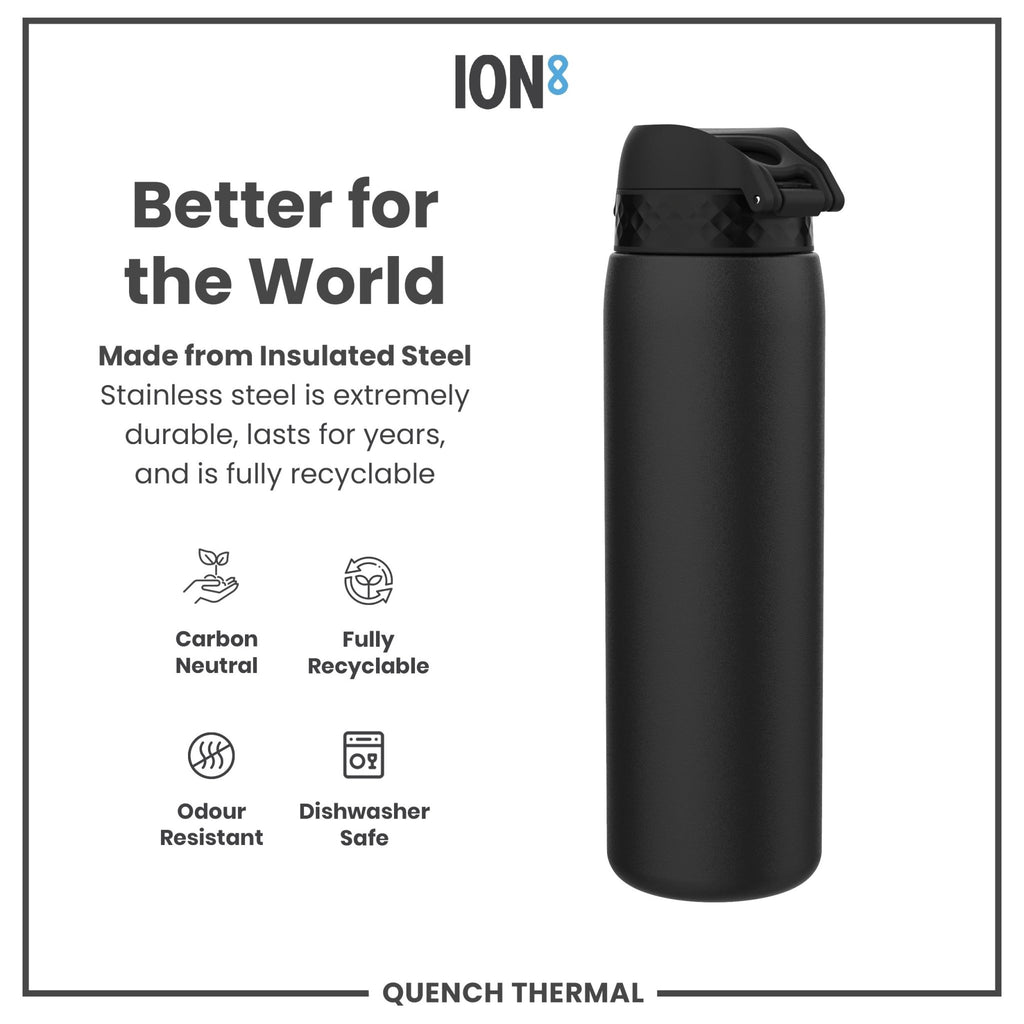 ION8 insulated steel water bottle in black, 1 liter, leak-proof thermal design for hot and cold beverages.