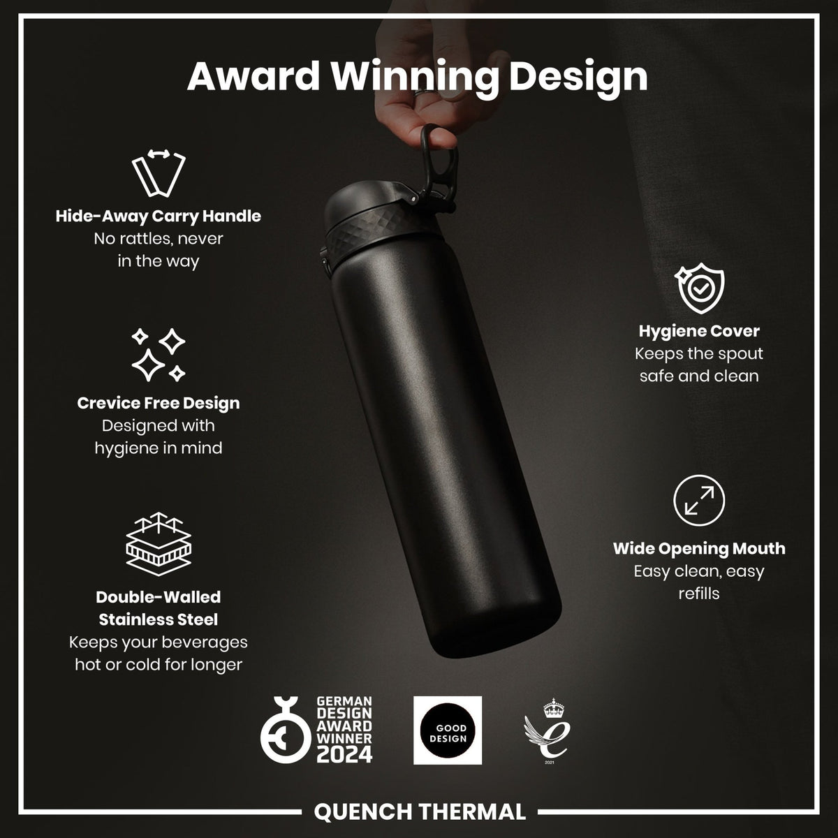 Ion8 insulated steel water bottle in black, 1L capacity, leak-proof design, ideal for keeping drinks hot or cold.