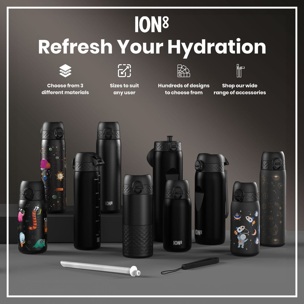ION8 insulated steel water bottle in black, 1L capacity, leak-proof design, thermal and durable for hot or cold drinks