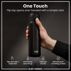 ION8 insulated steel water bottle in black, 500ml, leak-proof, slim thermal design for cold and hot beverages.
