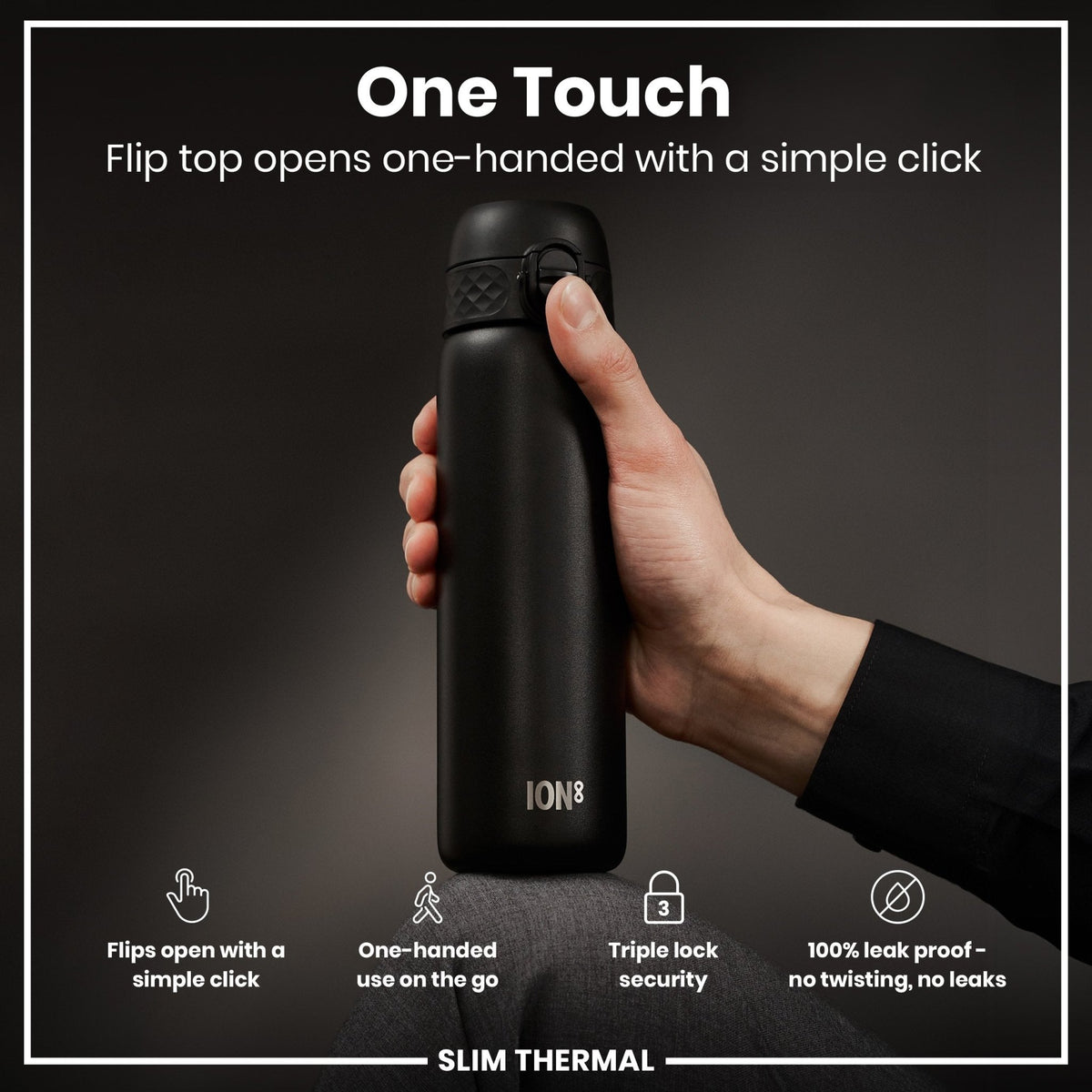 ION8 insulated steel water bottle in black, 500ml, leak-proof, slim thermal design for cold and hot beverages.