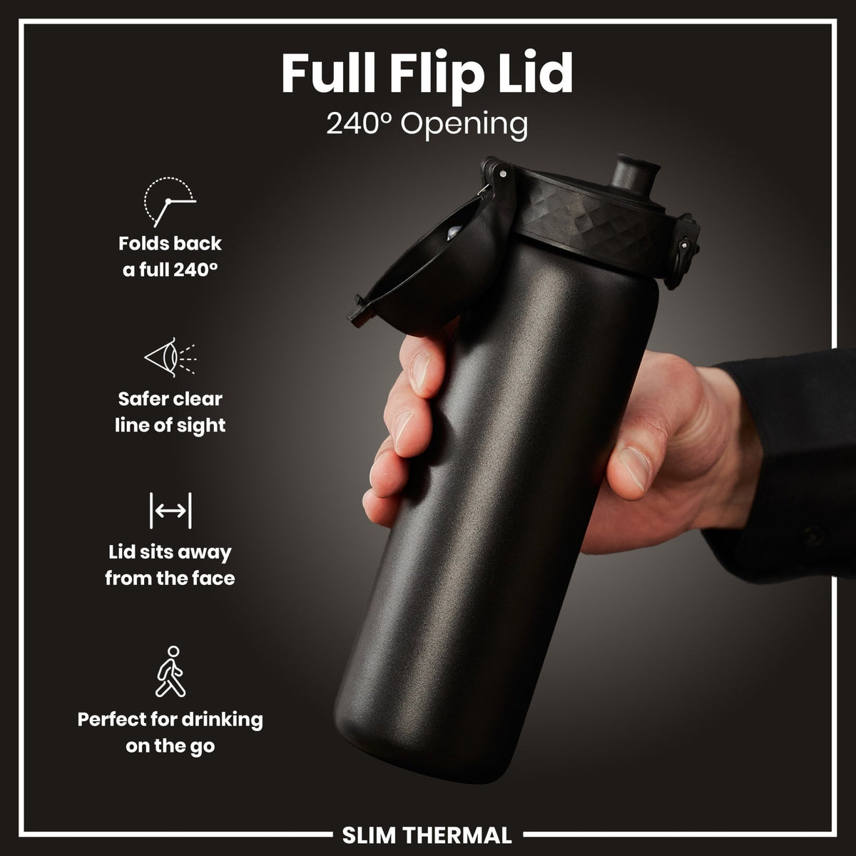 ION8 insulated steel water bottle in black, 500ml, leak-proof, slim thermal design perfect for keeping drinks hot or cold.