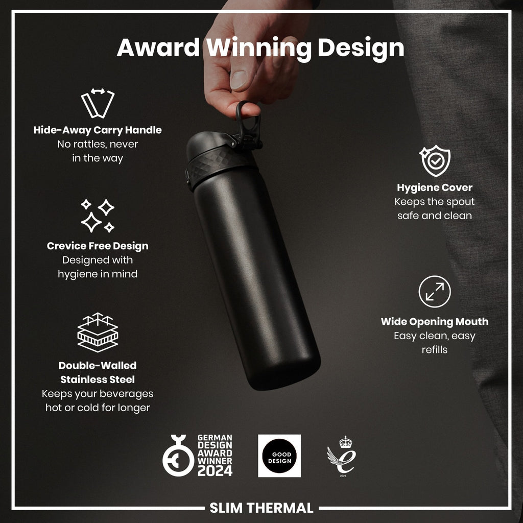 Ion8 insulated steel water bottle in black, 500ml, leak-proof and slim design, ideal for keeping drinks hot or cold.