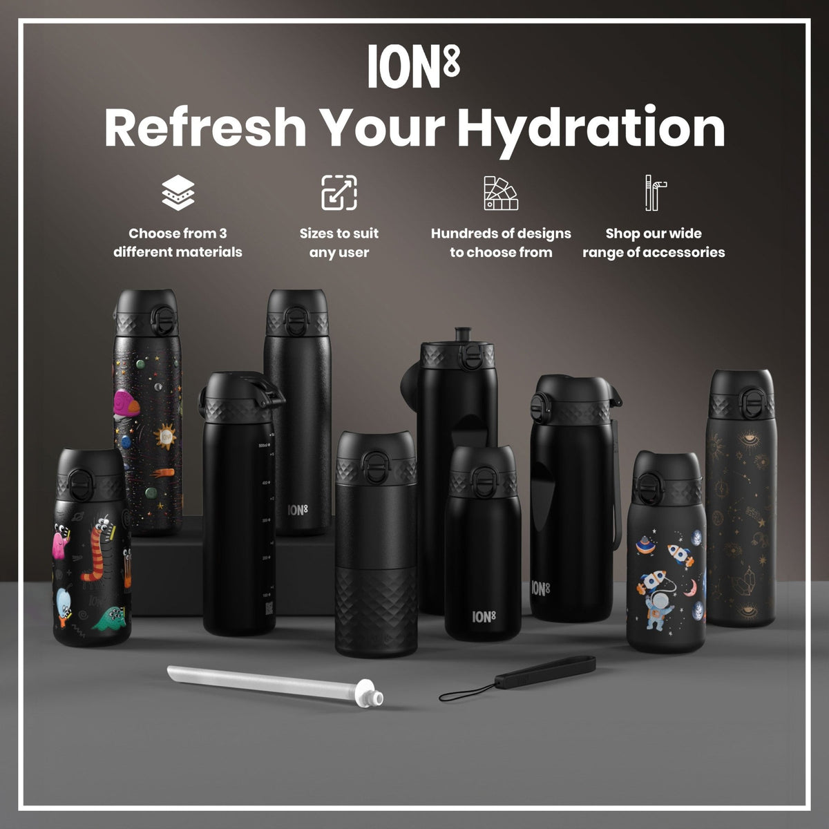 Ion8 insulated steel water bottle in black, 500ml, slim design, leak-proof thermal steel bottle for hot or cold drinks