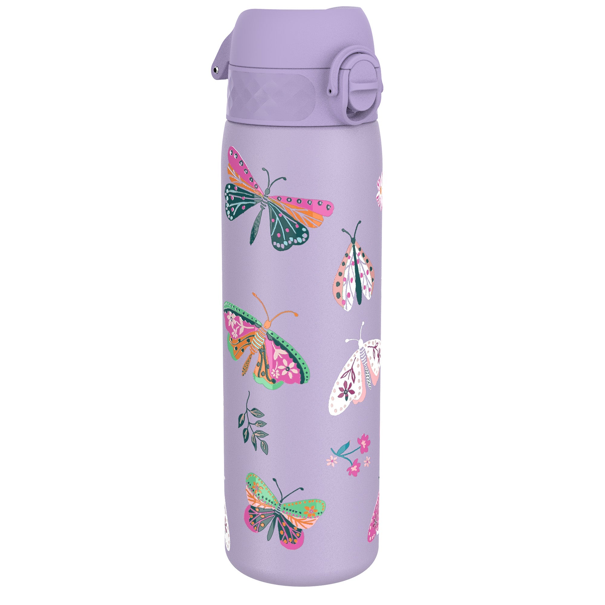 ION8 leak-proof slim thermal steel water bottle with butterfly design, insulated 500ml (17oz) for hot or cold drinks.
