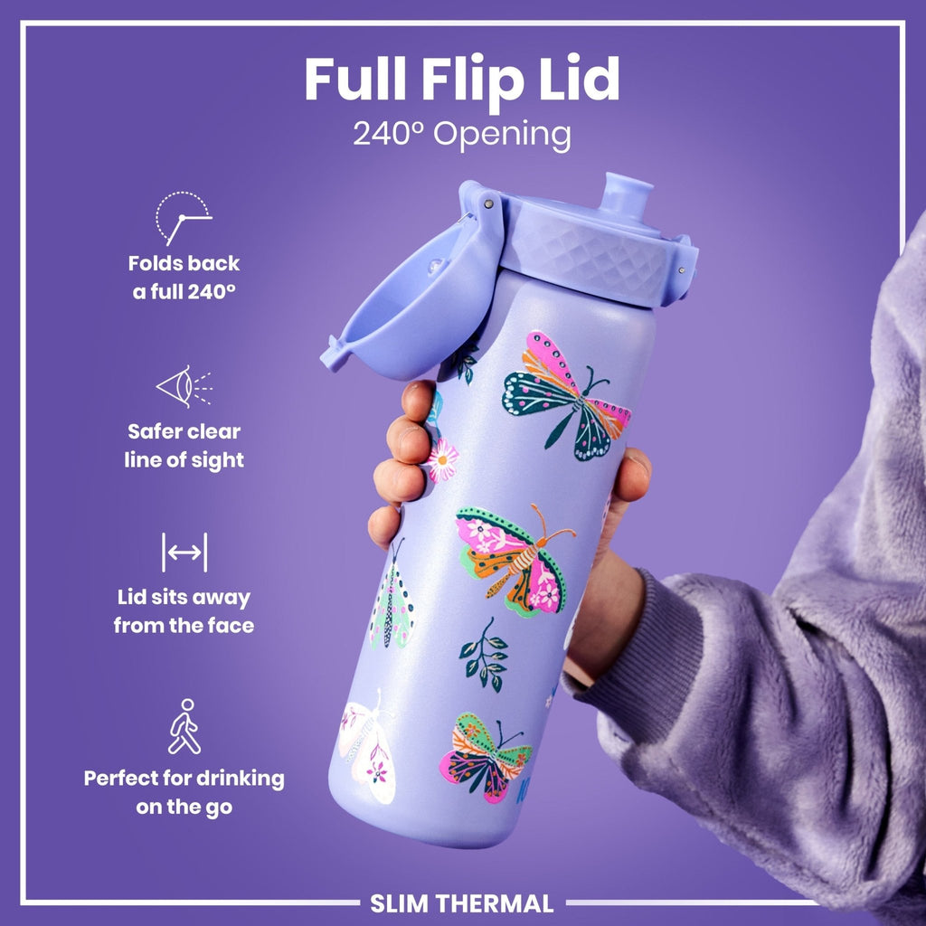 Ion8 insulated steel water bottle with butterfly design, 500ml capacity, leak-proof and slim thermal stainless steel bottle.