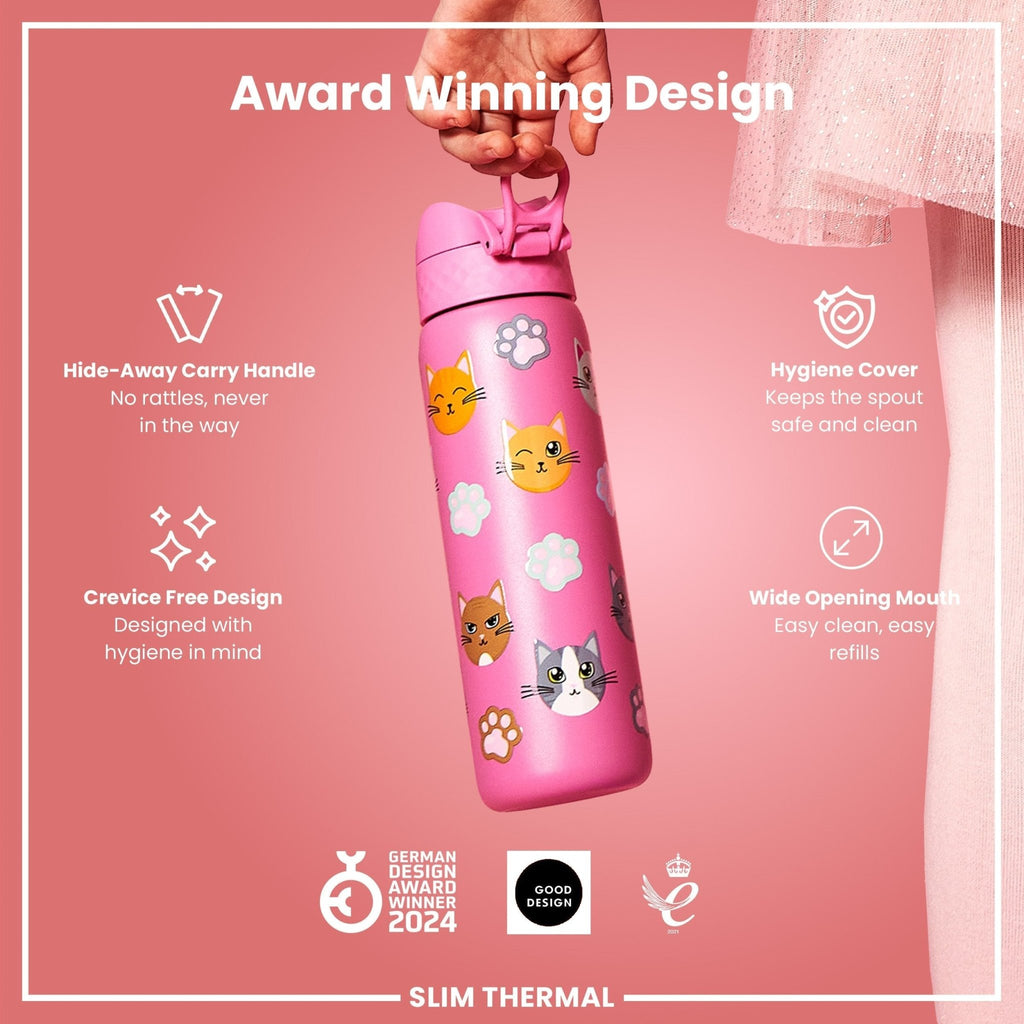 Ion8 insulated steel water bottle with cats design, 500ml capacity, leak-proof, slim thermal bottle for hot and cold drinks