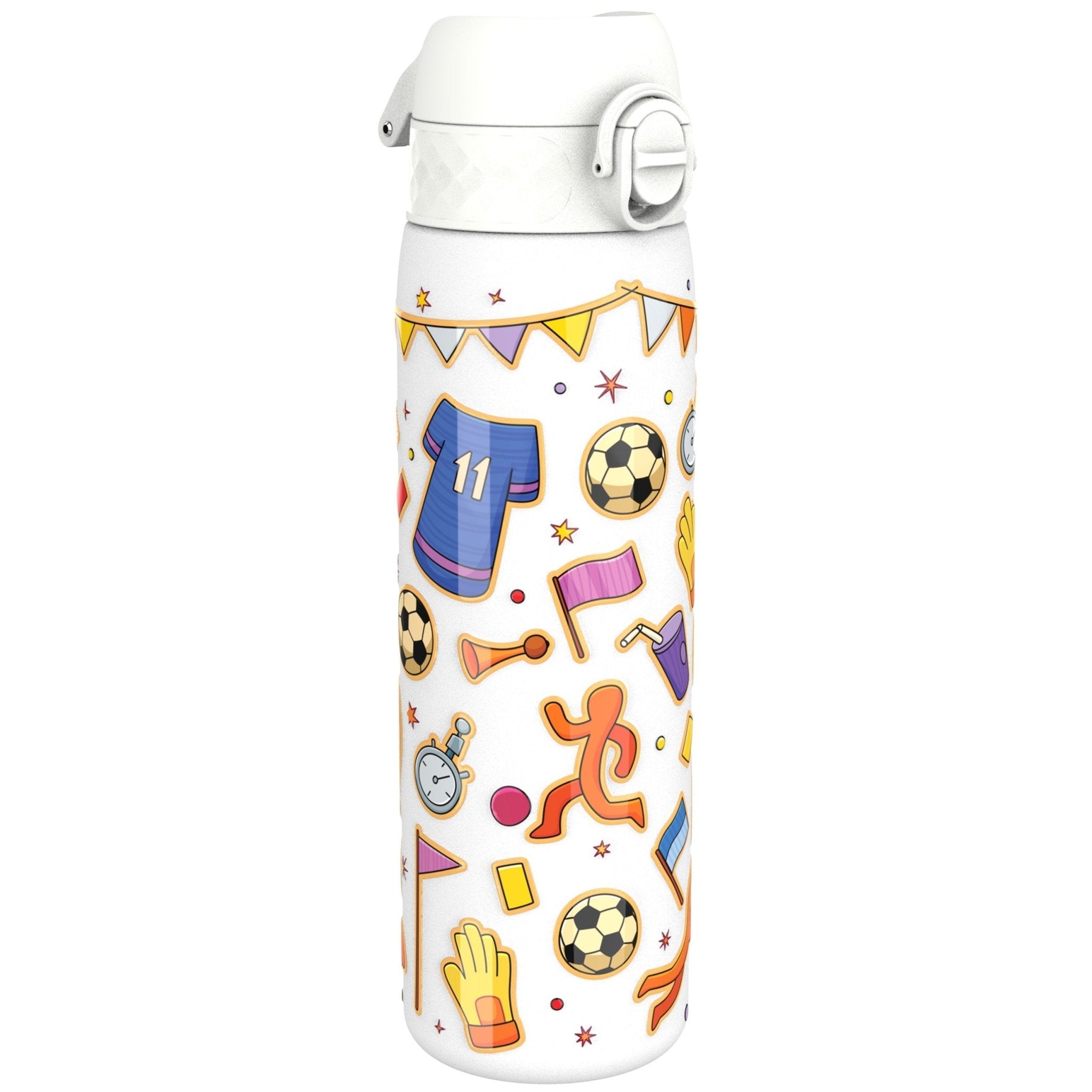 ION8 leak-proof slim thermal steel water bottle with football design, 500ml insulated water bottle for hot and cold drinks.