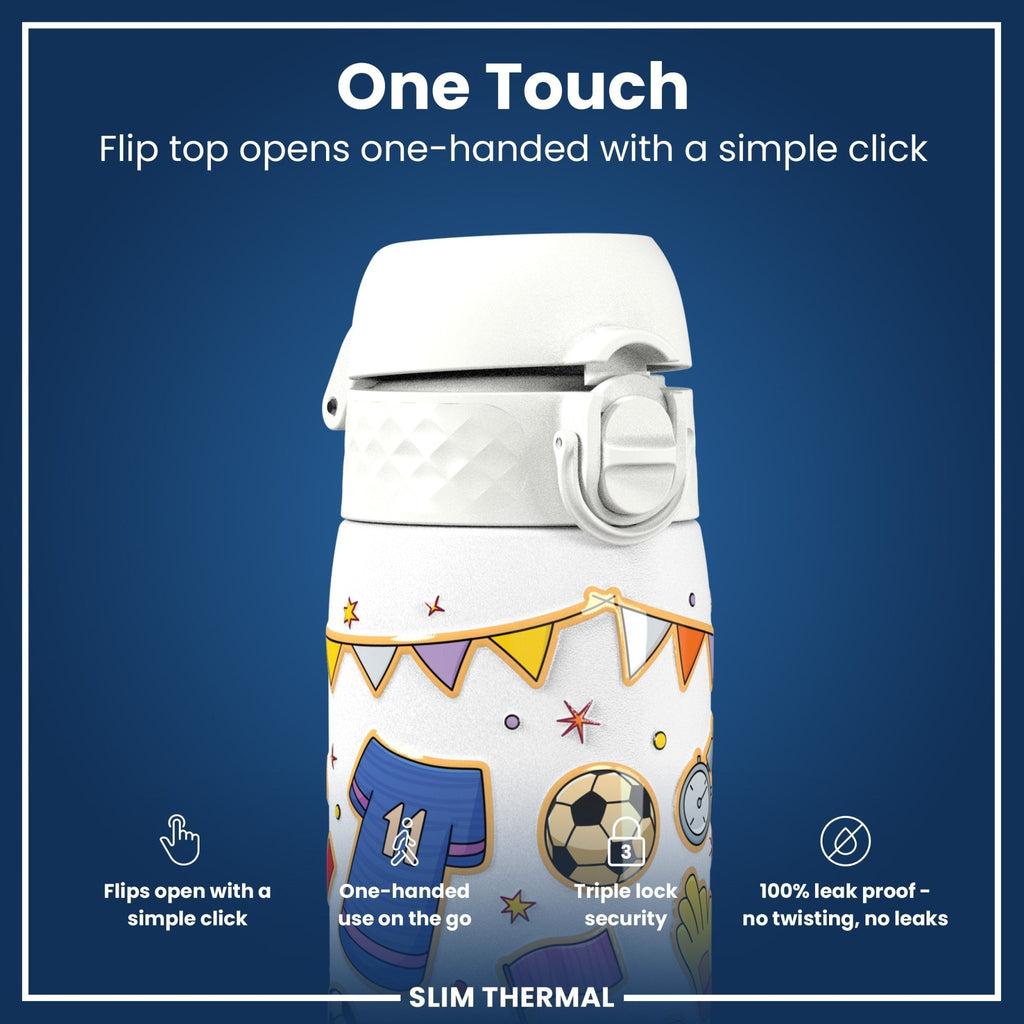 Ion8 insulated steel football-shaped water bottle, 500ml, leak-proof, slim design, thermal stainless steel hydration bottle