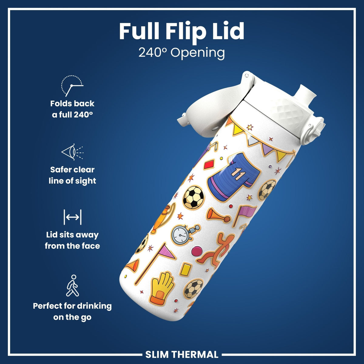 ION8 insulated steel football water bottle, 500ml, leak-proof, slim thermal design, ideal for staying hydrated on the go.